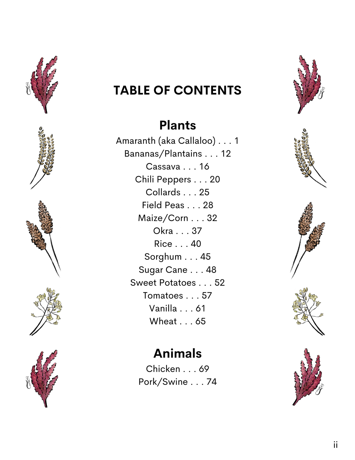 Plants and animals table of contents with a listing of the plants and animals featured in the curriculum.